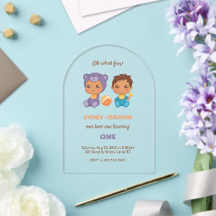 Invitations En Acrylique Baby Twins Premier anniversaire Garçon Violet Ours