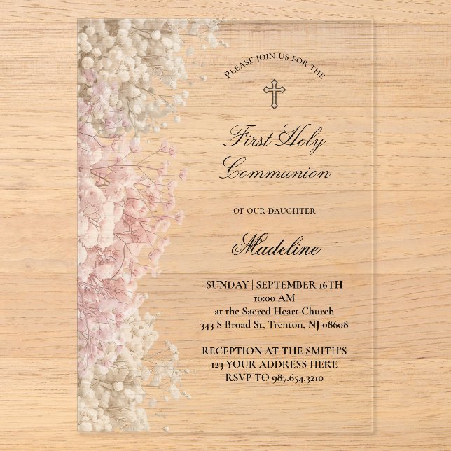 Invitations En Acrylique Baby's Breath flowers First Communion (Recto)
