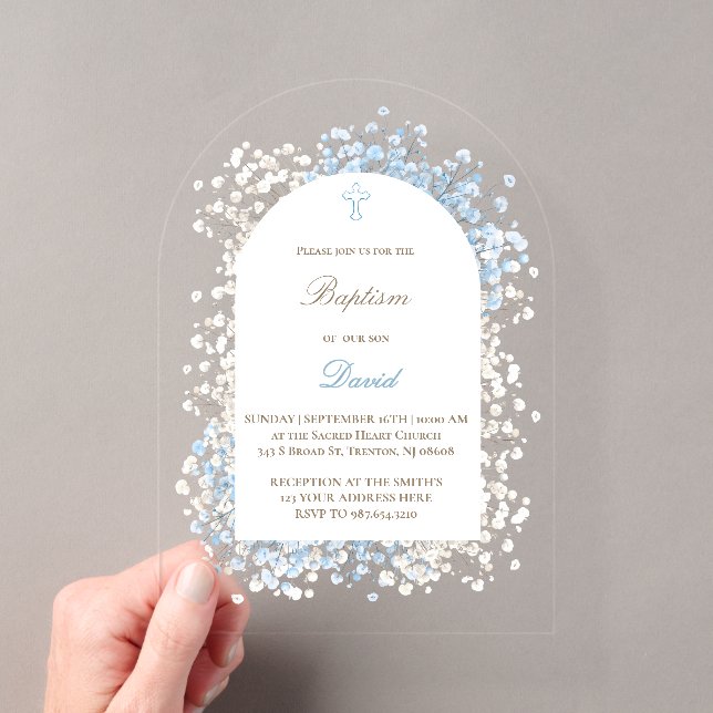 Invitations En Acrylique Baby's Breath white blue flowers Baptism (In situ (ordinateur de poche))