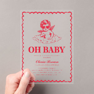 Invitations En Acrylique Bain de bébé rétro rose et rouge avec chérubin