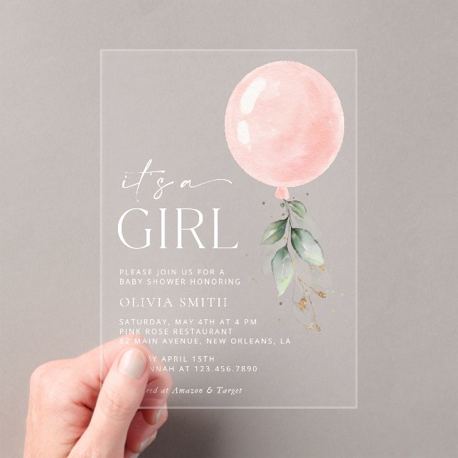 Invitations En Acrylique Balcon rose, Eucalyptus, Verdure, Baby shower (In situ (ordinateur de poche))