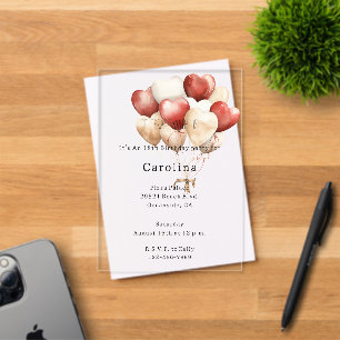 Invitations En Acrylique Ballons Coeur Blanc Crème Rouge Anniversaire