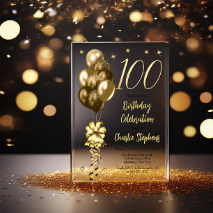 Invitations En Acrylique Ballons d'or élégant sur Black 100 Anniversaire Pa