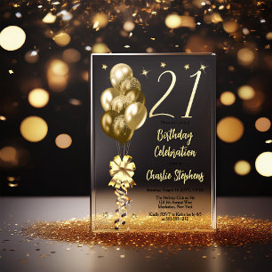Invitations En Acrylique Ballons d'or élégants sur Black 21st Birthday Part