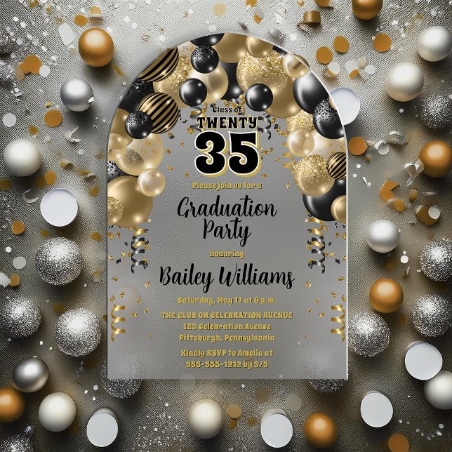 Invitations En Acrylique Ballons d'or noir fête de graduation (Black and Gold-Tone Balloons Class Year Graduation Party Acrylic Invitations)