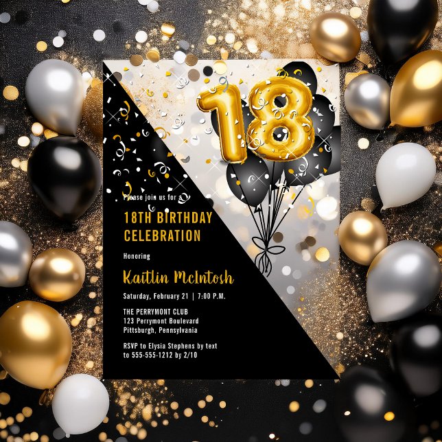 Invitations En Acrylique Ballons élégants Noir | Gold 18th Birthday Party (Balloons Elegant Black and Gold Tone 18th Birthday Party Acrylic Invitations)