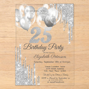 Invitations En Acrylique Ballons gouttes de paillettes argentées fond métal