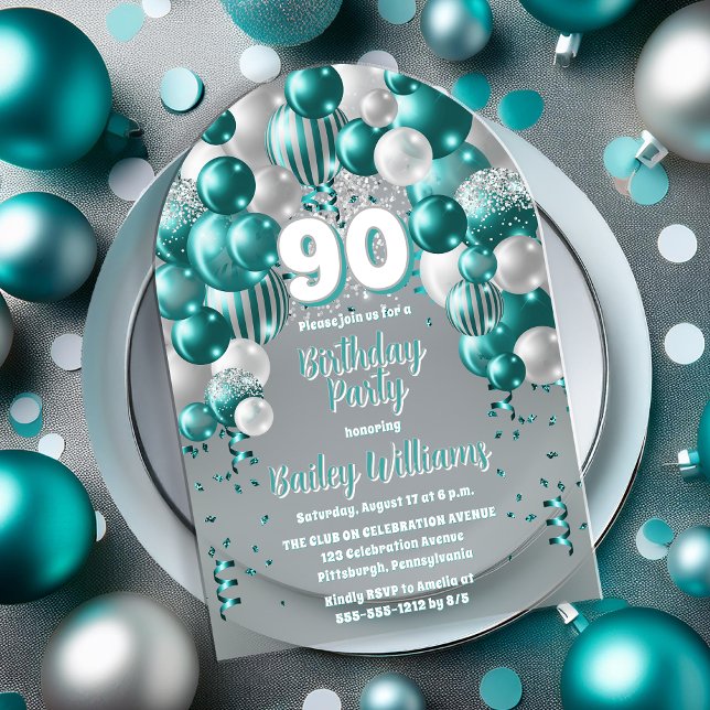 Invitations En Acrylique Balloons de fête Aqua 90e fête d'anniversaire (Aqua Celebration Balloons "90" 90th Birthday Party Acrylic Invitation)