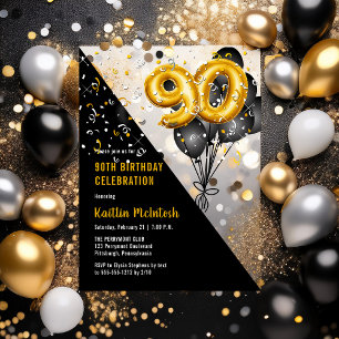 Invitations En Acrylique Balloons Élégants Noir Or 90e Fête d'Anniversair