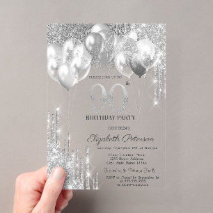 Invitations En Acrylique Balloons Gouttes de Paillettes Argentées Élégantes