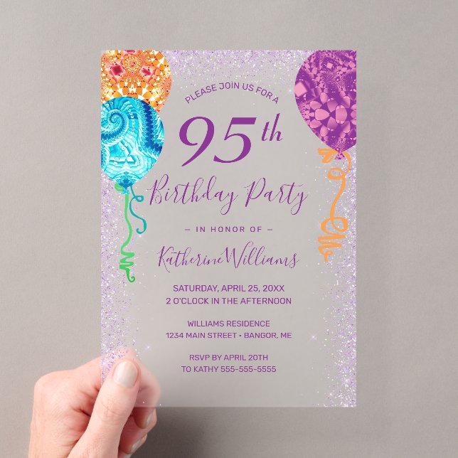 Invitations En Acrylique Balloons pourpres Aqua moderne 95e anniversaire (In situ (ordinateur de poche))