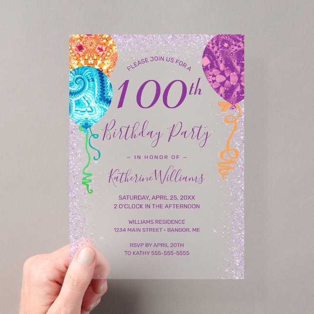Invitations En Acrylique Balloons violets Aqua moderne 100e fête d'annivers (In situ (ordinateur de poche))