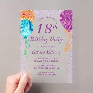 Invitations En Acrylique Balloons violets Aqua moderne 18ème anniversaire