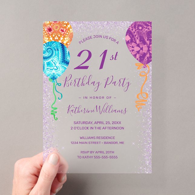 Invitations En Acrylique Balloons violets Aqua Moderne 21ème anniversaire (In situ (ordinateur de poche))