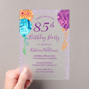 Invitations En Acrylique Balloons violets Aqua moderne 85e anniversaire