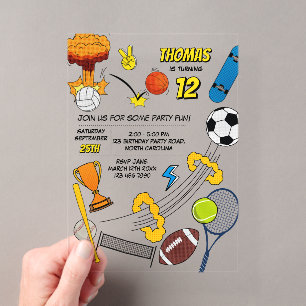 Invitations En Acrylique Bande dessinée Rétro Sports Ballons Anniversaire