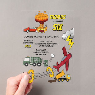 Invitations En Acrylique Bandes Dessinées Camions Voitures Véhicules Avions