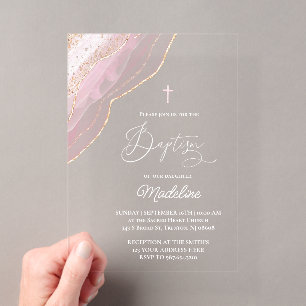 Invitations En Acrylique baptême agate rose élégant