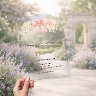 Invitations En Acrylique Baptême Arc Croix Florales Rose Pâle Neutres