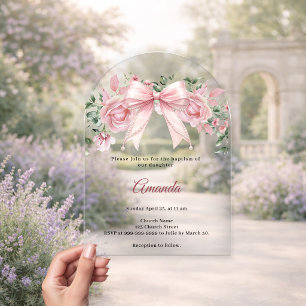 Invitations En Acrylique Baptême Arc Élégant Fleurs Roses Fille