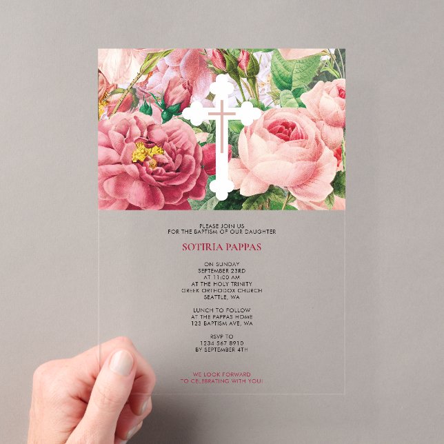 Invitations En Acrylique Baptême Baptême Baptême Fille Roses Rose (In situ (ordinateur de poche))