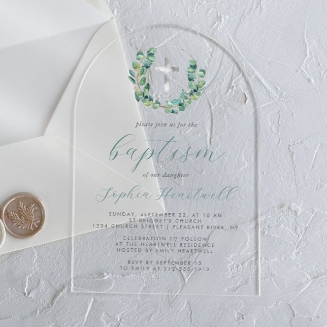 Invitations En Acrylique Baptême croisée d'argent de la couronne d'eucalypt (Créateur téléchargé)