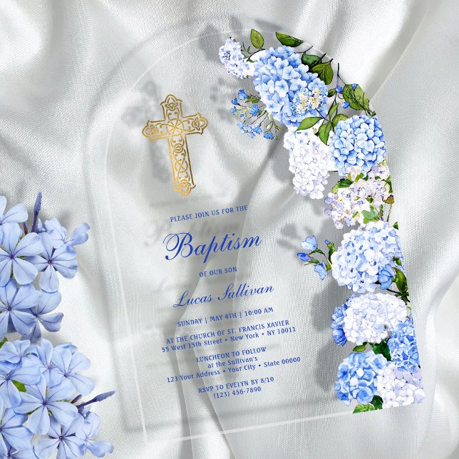 Invitations En Acrylique Baptême d'arc bleu Hydrangea (Créateur téléchargé)