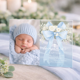 Invitations En Acrylique Baptême de bébé garçon photo floral eucalyptus nœu