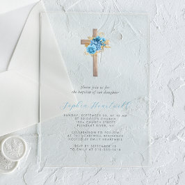 Invitations En Acrylique Baptême de croix d'or bleu floral