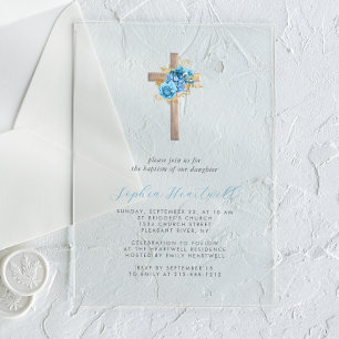 Invitations En Acrylique Baptême de croix d'or bleu floral