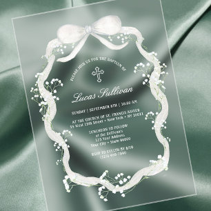 Invitations En Acrylique Baptême de l'haleine du bébé au ruban blanc