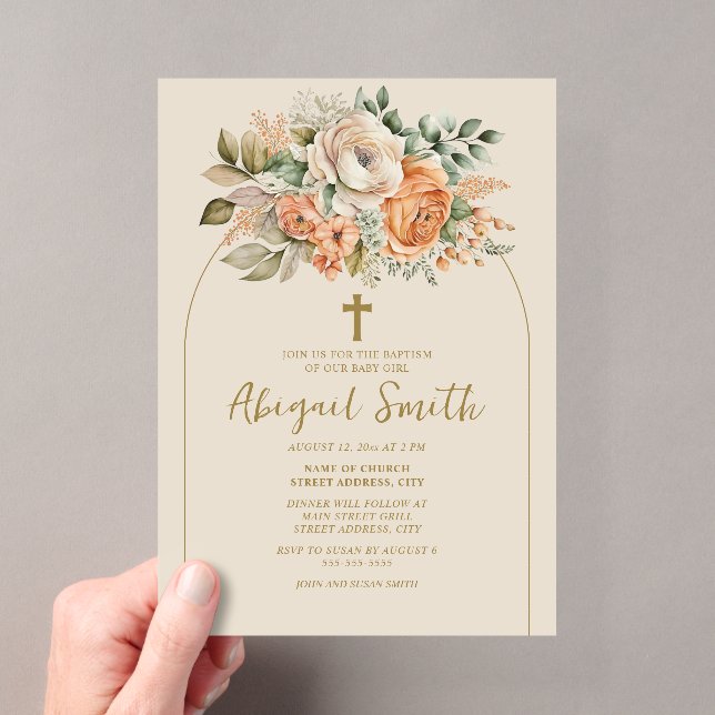 Invitations En Acrylique Baptême élégant d'arch Peach Floral pour bébé fill (In situ (ordinateur de poche))