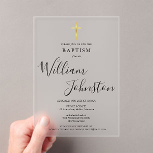 Invitations En Acrylique Baptême élégant moderne Croix dorée