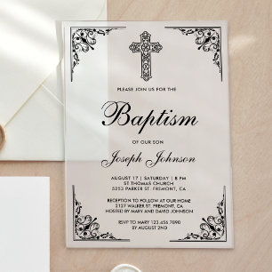 Invitations En Acrylique Baptême élégant vintage croix noire ornée