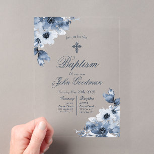 Invitations En Acrylique Baptême en bleu poussiéreux acrylique avec croix
