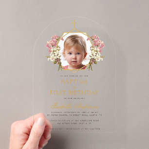 Invitations En Acrylique Baptême Fille 1er Anniversaire Photo Rose Or Flora