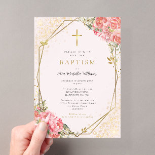 Invitations En Acrylique Baptême Fille Bébé Fleur Rose