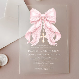 Invitations En Acrylique Baptême Fille Rose Ruban