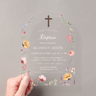 Invitations En Acrylique Baptême Fleur sauvage élégant