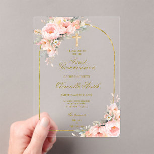 Invitations En Acrylique Baptême floral à fleurs de pêcher
