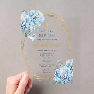 Invitations En Acrylique Baptême floral bleu