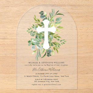 Invitations En Acrylique Baptême floral botanique croix de verdure