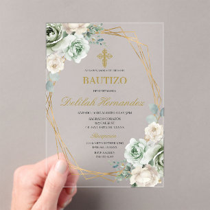 Invitations En Acrylique Baptême floral vert sauge espagnole