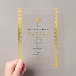 Invitations En Acrylique Baptême Orthodoxe Clé Grecque Or