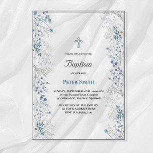 Invitations En Acrylique Baptême petites fleurs aquarelle bleues