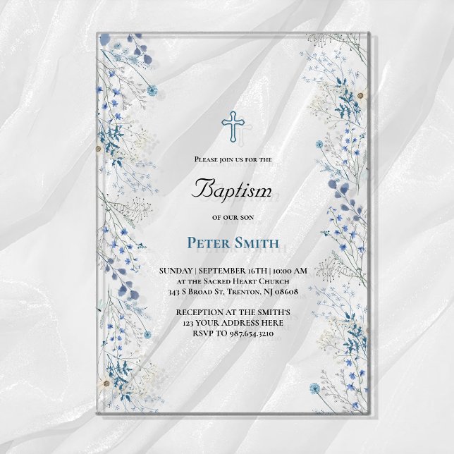 Invitations En Acrylique Baptême petites fleurs d'aquarelle bleue (Créateur téléchargé)
