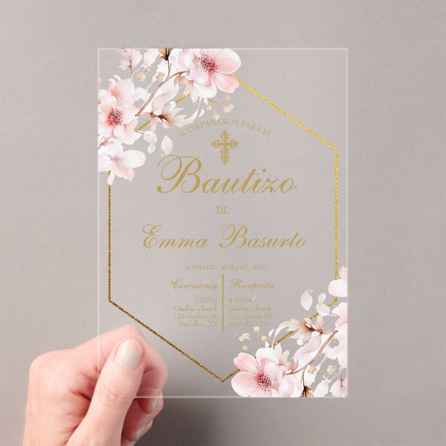 Invitations En Acrylique Baptême rose rousse fille (In situ (ordinateur de poche))
