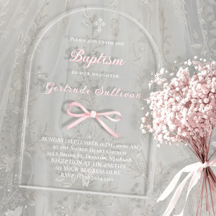 Invitations En Acrylique Baptême ruban rose