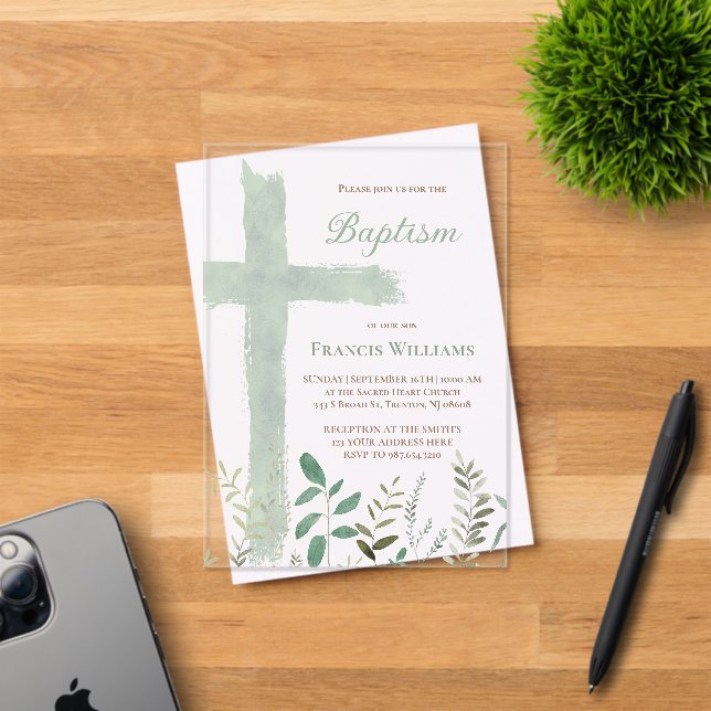 Invitations En Acrylique Baptism green watercolor cross (Insitu (Carte d'invitation))