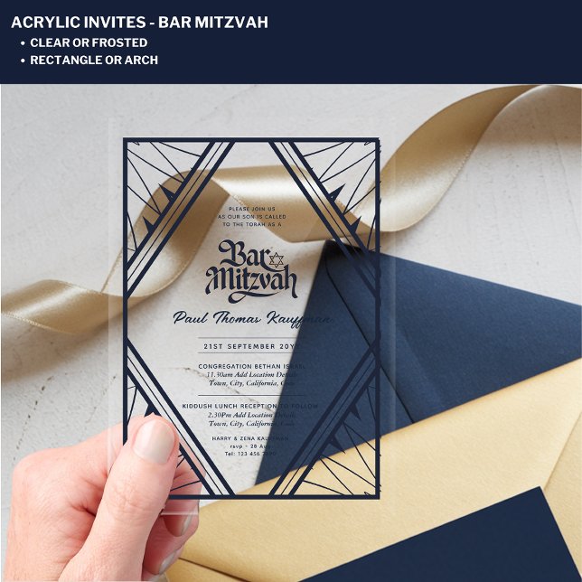 Invitations En Acrylique BAR MITZVAH Bleu Or transparent minimaliste de lux (Créateur téléchargé)